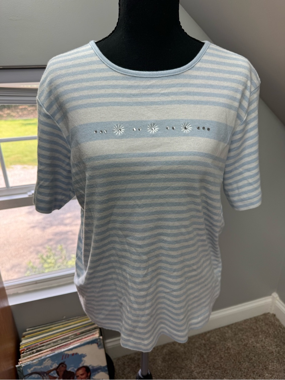 Striped Light Blue & White Top with Daisy Embellishments